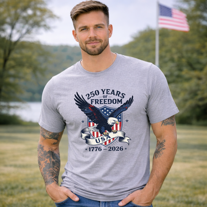 Sports Gray T-Shirt: America 250 patriotic eagle t-shirt in sports gray – 1776–2026 unisex tee