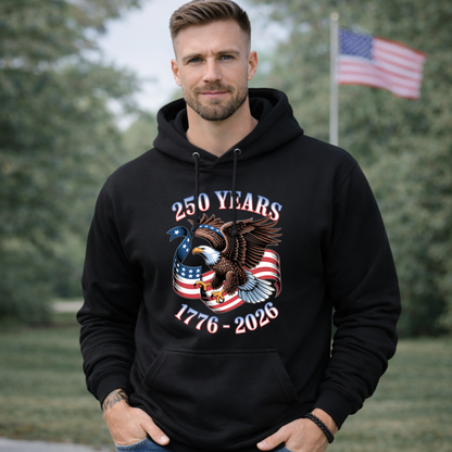 Mens black hoodie America 250 eagle patriotic design 1776 2026 front view