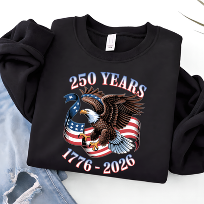 Black sweatshirt with an eagle and American flag design celebrating 250 years, displayed on a white background.
