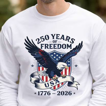 White Sweatshirt: America 250 patriotic eagle sweatshirt in white – 1776–2026 unisex crewneck