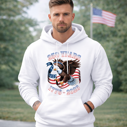 Mens white hoodie America 250 eagle patriotic graphic 1776 2026 front view