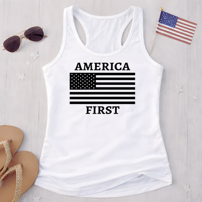 White America First racerback tank flat lay with sunglasses and sandals, patriotic summer outfit