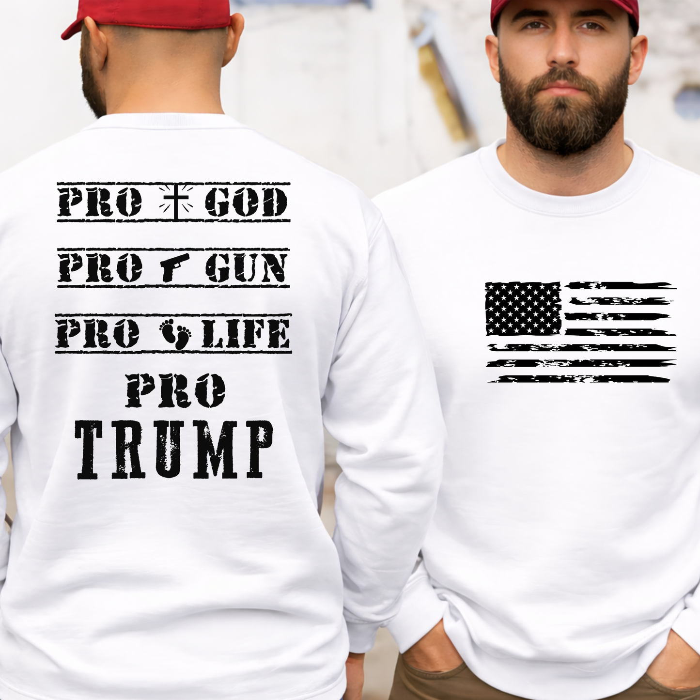 Man wearing a white sweatshirt with 'PRO GOD, PRO GUN, PRO LIFE, PRO TRUMP' text on the back, front view american flag graphic