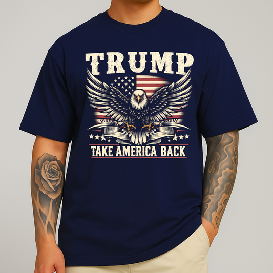 Mans Americana eagle design T-shirt in navy with vintage-style lettering