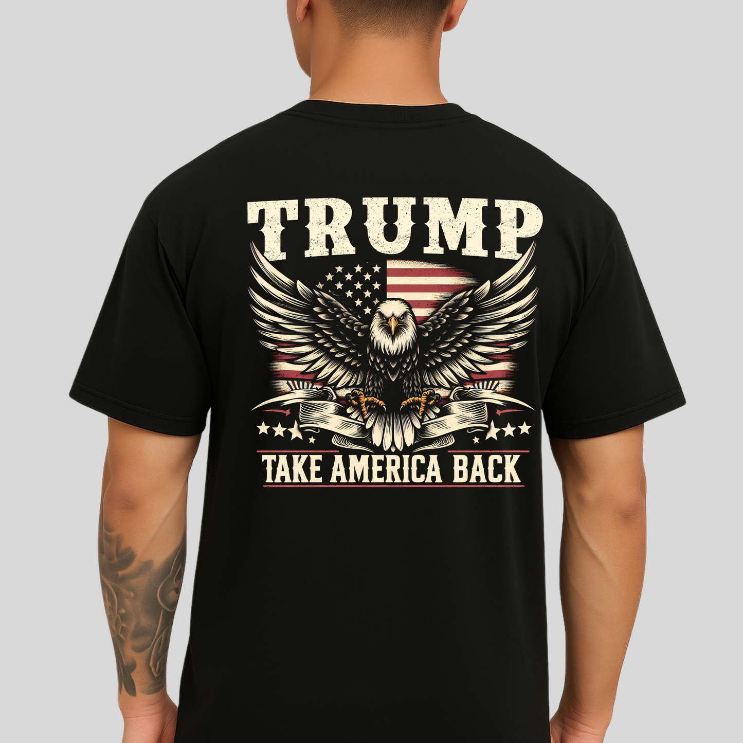 Back of Americana-inspired men’s T-shirt in Black with detailed eagle print