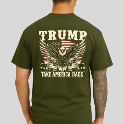 Back of Americana-inspired men’s T-shirt in Green with detailed eagle print