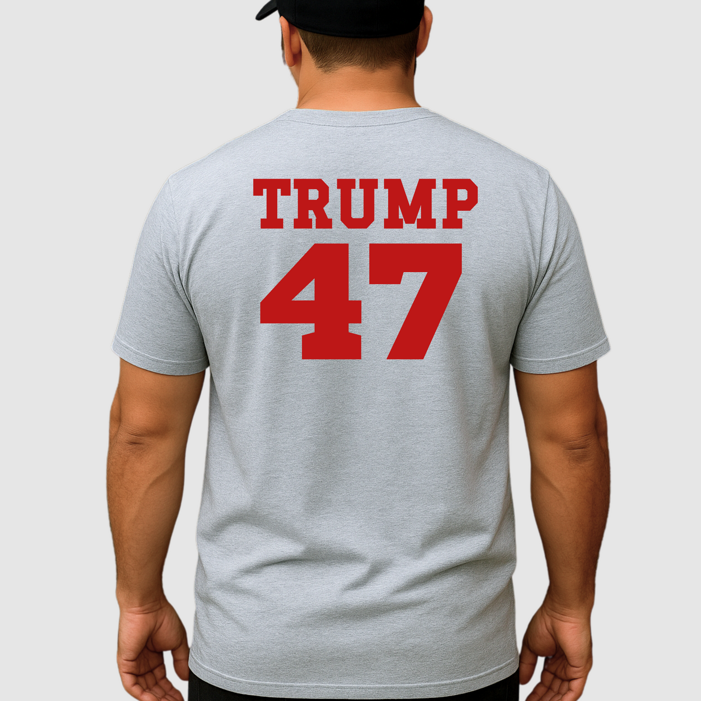 Back view of Gray men’s T-shirt with patriotic, bold red and blue text graphic design