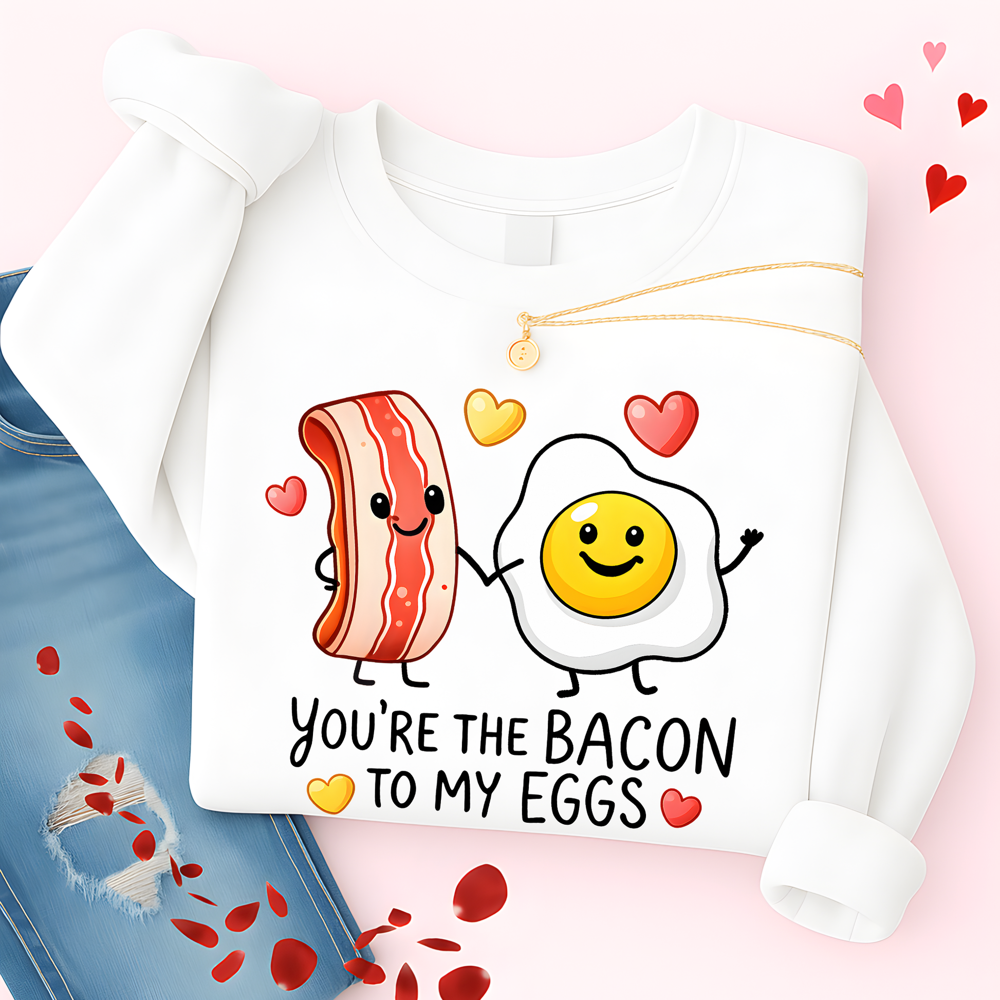 light blue valentines shirt with you’re the bacon to my eggs bacon egg graphic