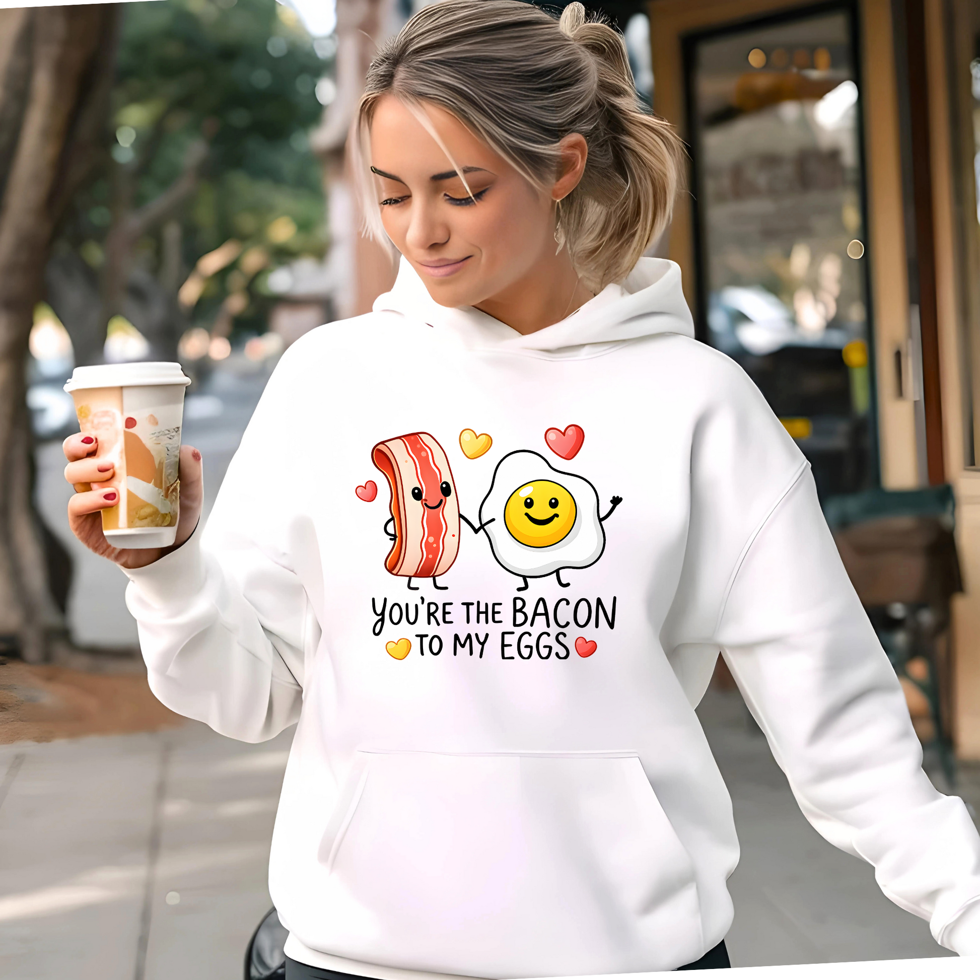 pink valentines day shirt with you’re the bacon to my eggs bacon and egg illustration