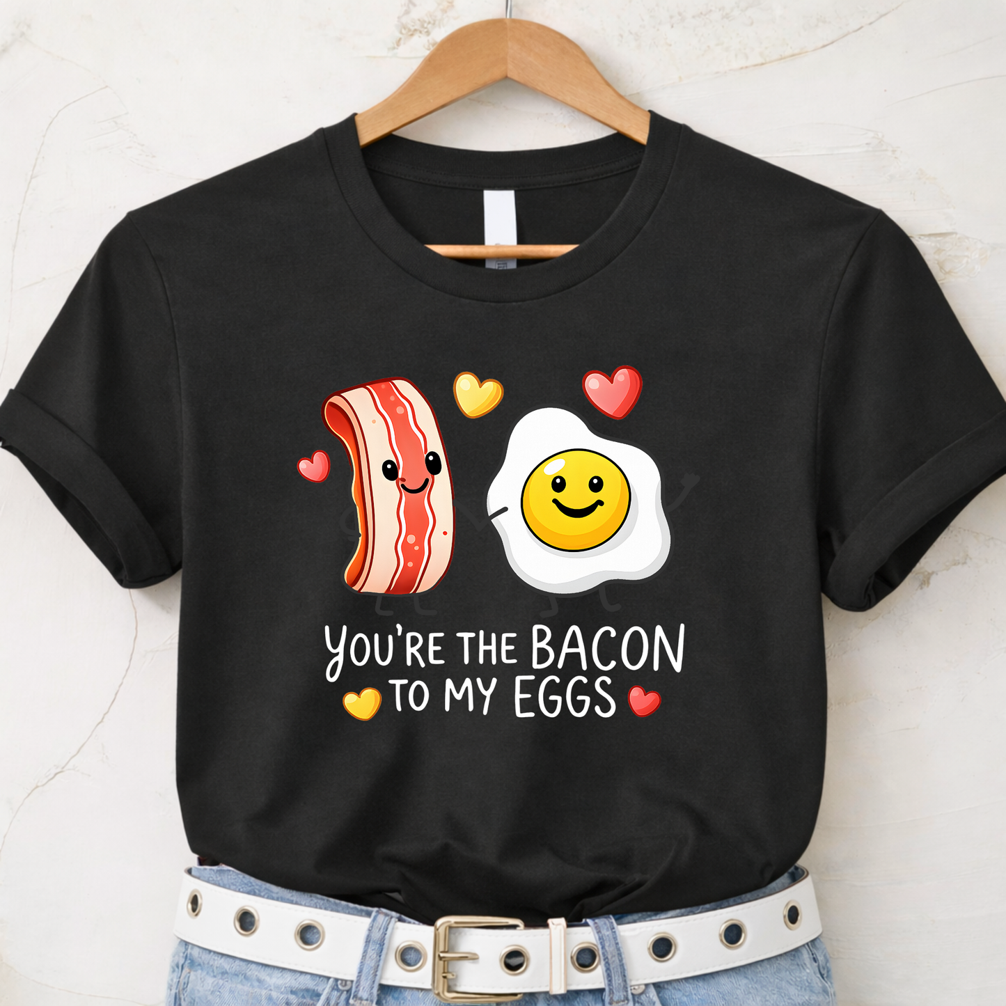 cream valentines shirt flat lay with you’re the bacon to my eggs design