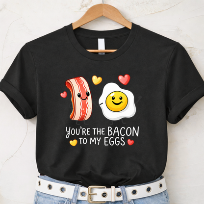 cream valentines shirt flat lay with you’re the bacon to my eggs design