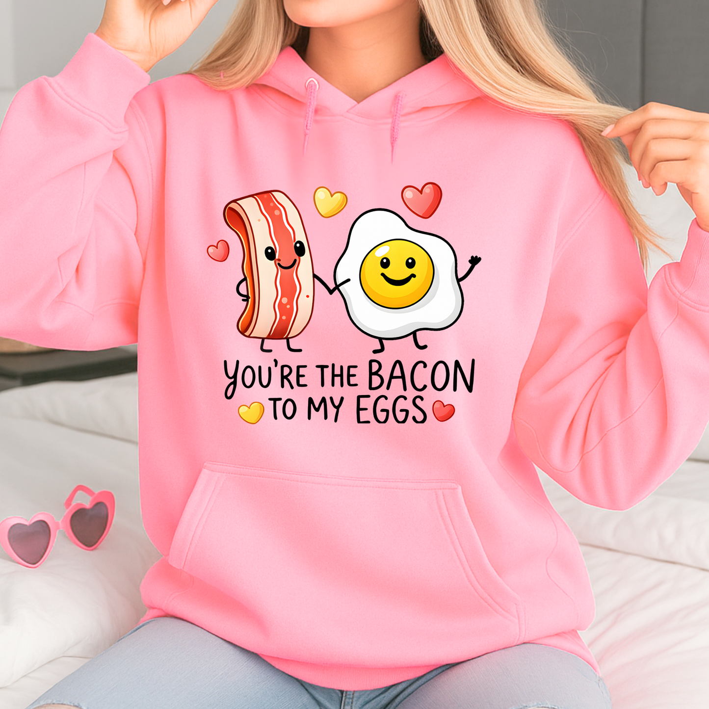 styled beige valentine sweatshirt with you’re the bacon to my eggs graphic