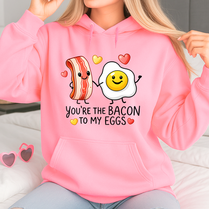 styled beige valentine sweatshirt with you’re the bacon to my eggs graphic