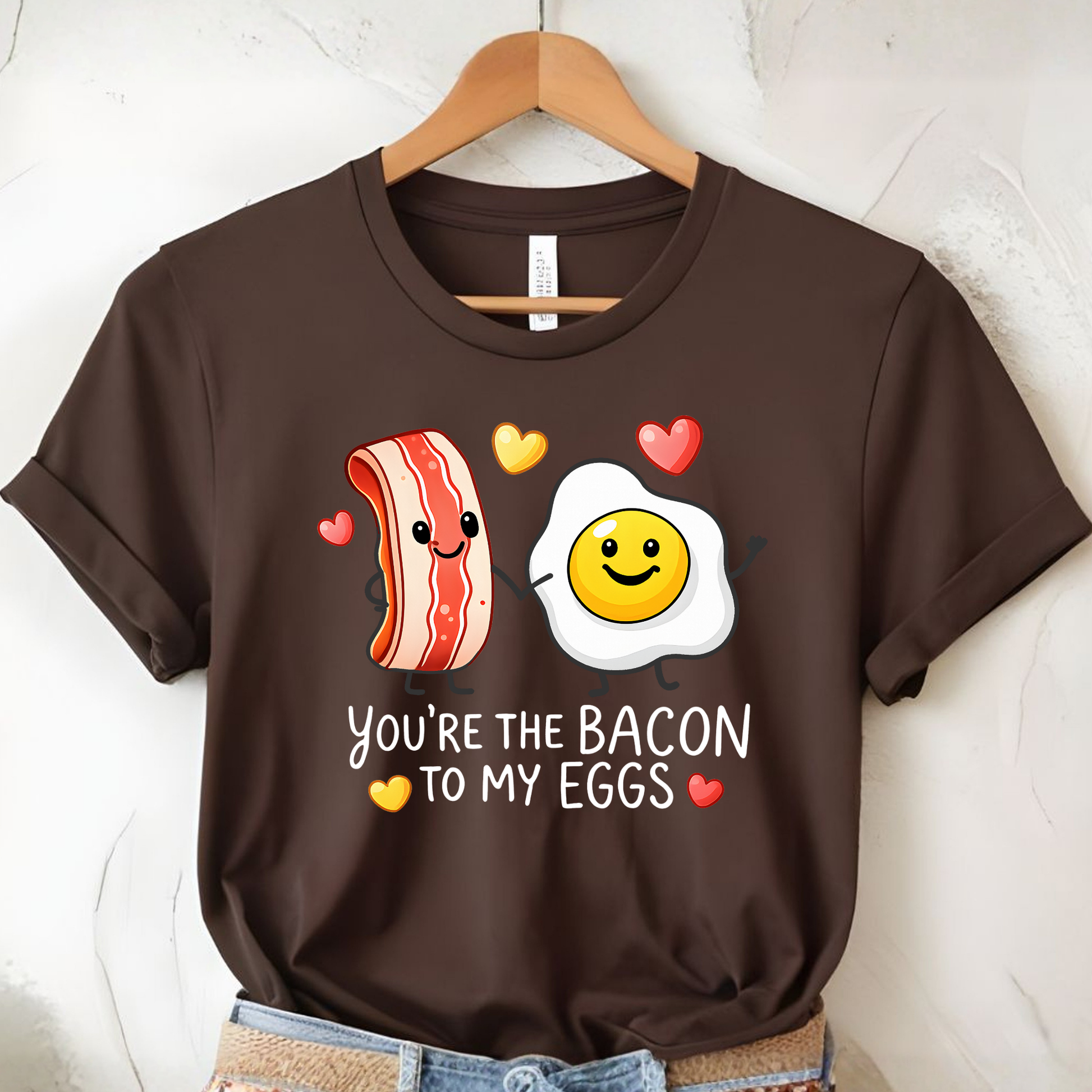 flat lay valentines shirt showing you’re the bacon to my eggs breakfast couple graphic