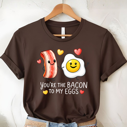 flat lay valentines shirt showing you’re the bacon to my eggs breakfast couple graphic