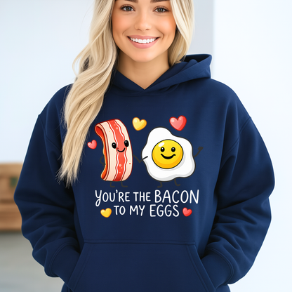 youth black valentine hoodie featuring you’re the bacon to my eggs graphic