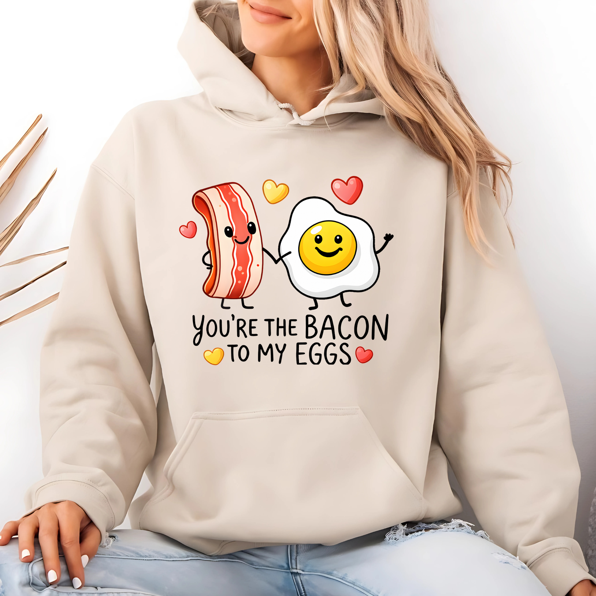 beige valentine sweatshirt with you’re the bacon to my eggs bacon and egg graphic cozy couple love design