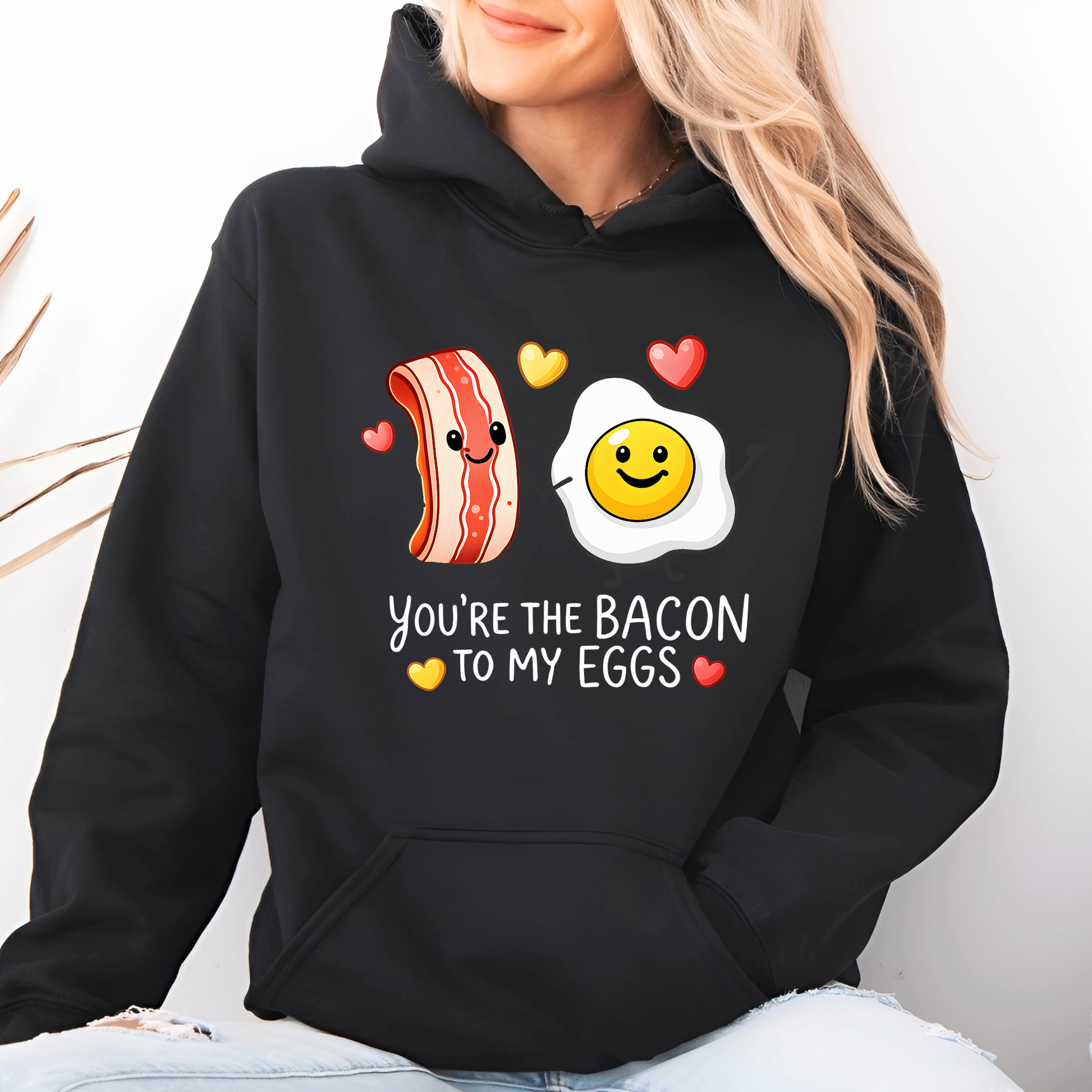 cream valentine sweatshirt featuring you’re the bacon to my eggs bacon egg graphic