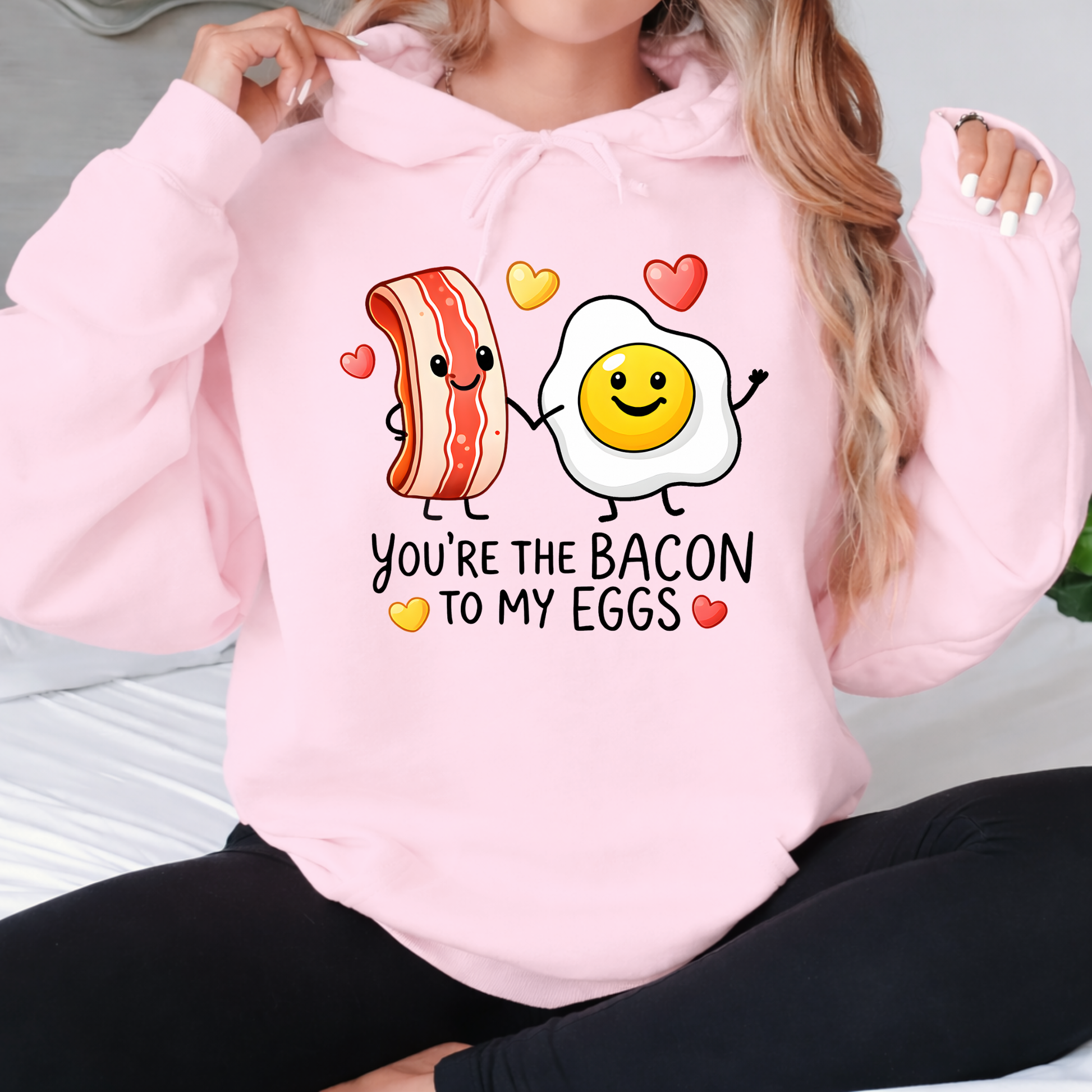 youth white valentine sweatshirt featuring you’re the bacon to my eggs graphic
