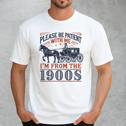 White 1900s graphic t-shirt with horse and carriage print