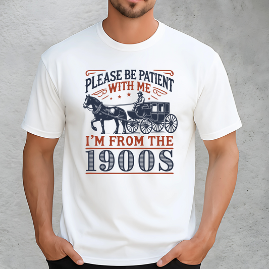 White 1900s graphic t-shirt with horse and carriage print
