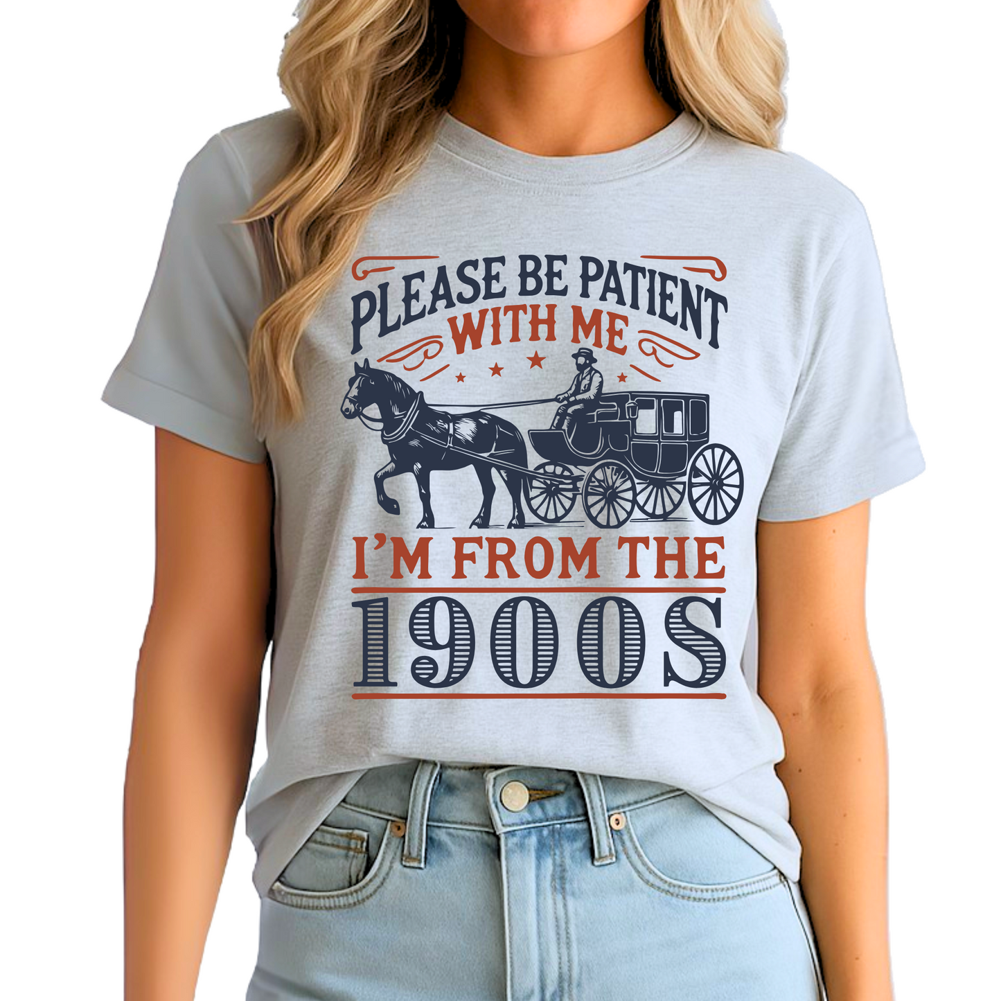 Model wearing sports gray T-shirt featuring funny vintage Please Be Patient With Me I’m From the 1900s print – unisex retro graphic tee