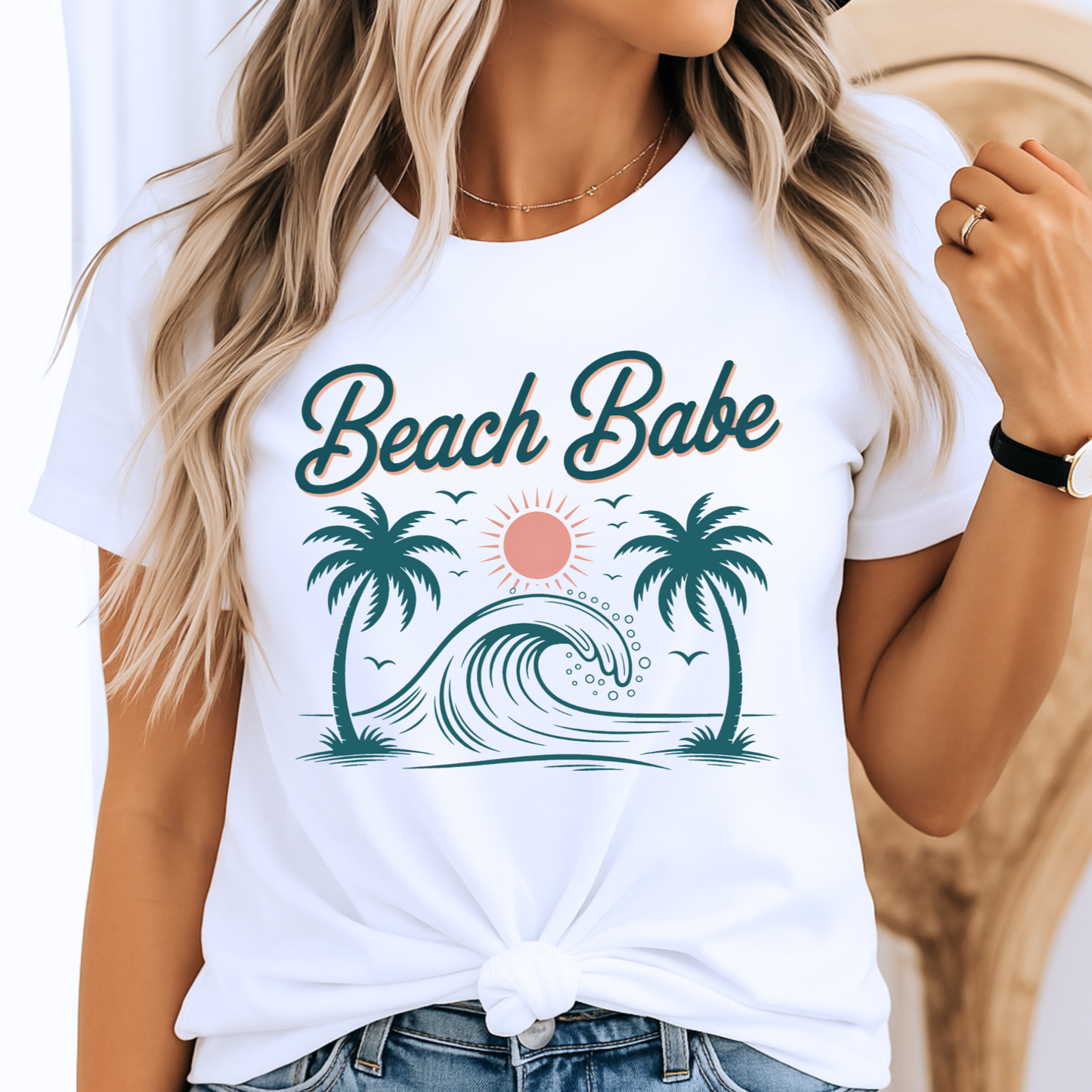 White Beach Babe T-shirt tied at waist, featuring retro palm and sun print

