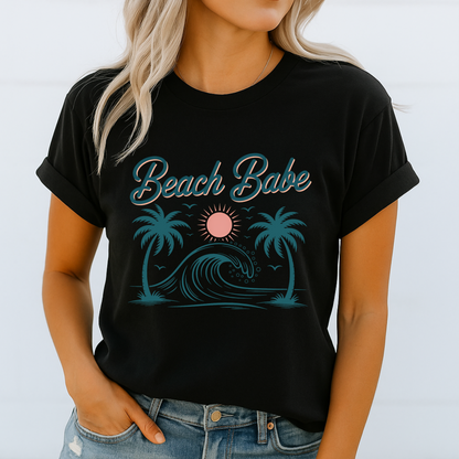 Woman in black Beach Babe graphic T-shirt with retro sun and palm trees, styled casually for summer

