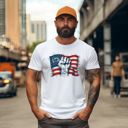 Bearded man in fitted white 1776 patriotic tee, standing downtown


