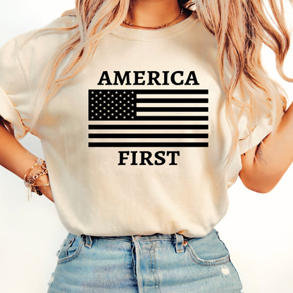 Sand patriotic women's unisex shirt with black American flag design – America 250 anniversary tee.