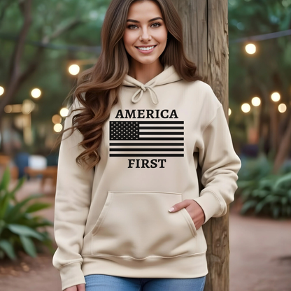 Beige America First patriotic women’s unisex hoodie with black American flag graphic