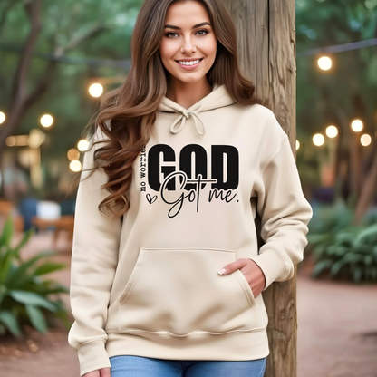Beige hoodie with No Worries God Got Me front print