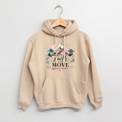 Beige hoodie with 'Faith Can Move Mountains' text and mountain design on a white background