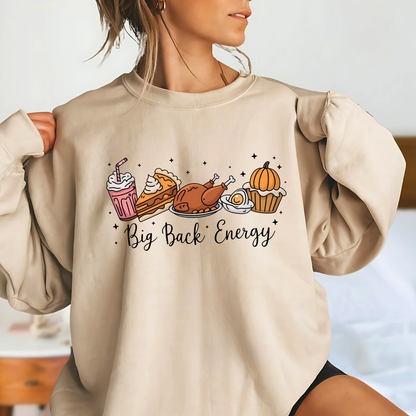 Sand sweatshirt with Big Back Energy Thanksgiving design, perfect for autumn outfits