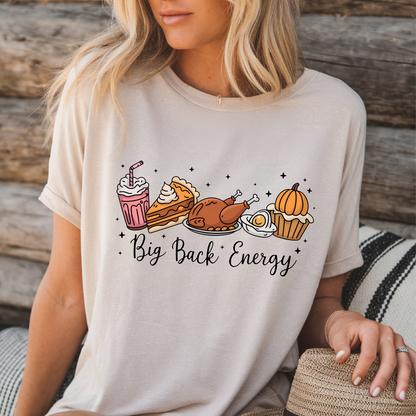 Sand T-shirt with Big Back Energy Thanksgiving design styled outdoors