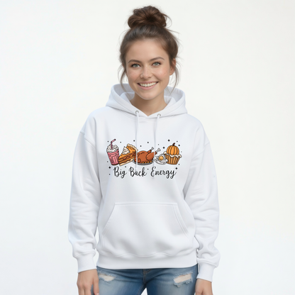 White pullover hoodie displays the Big Back Energy fall food design with pumpkin and pie, styled with blue jeans.