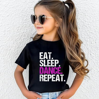 Dance all day in this trendy ‘Eat. Sleep. Dance. Repeat.’ T-shirt! Made for comfort and style, this tee is perfect for hip-hop, ballet, and jazz dancers. A must-have for any dance lover!