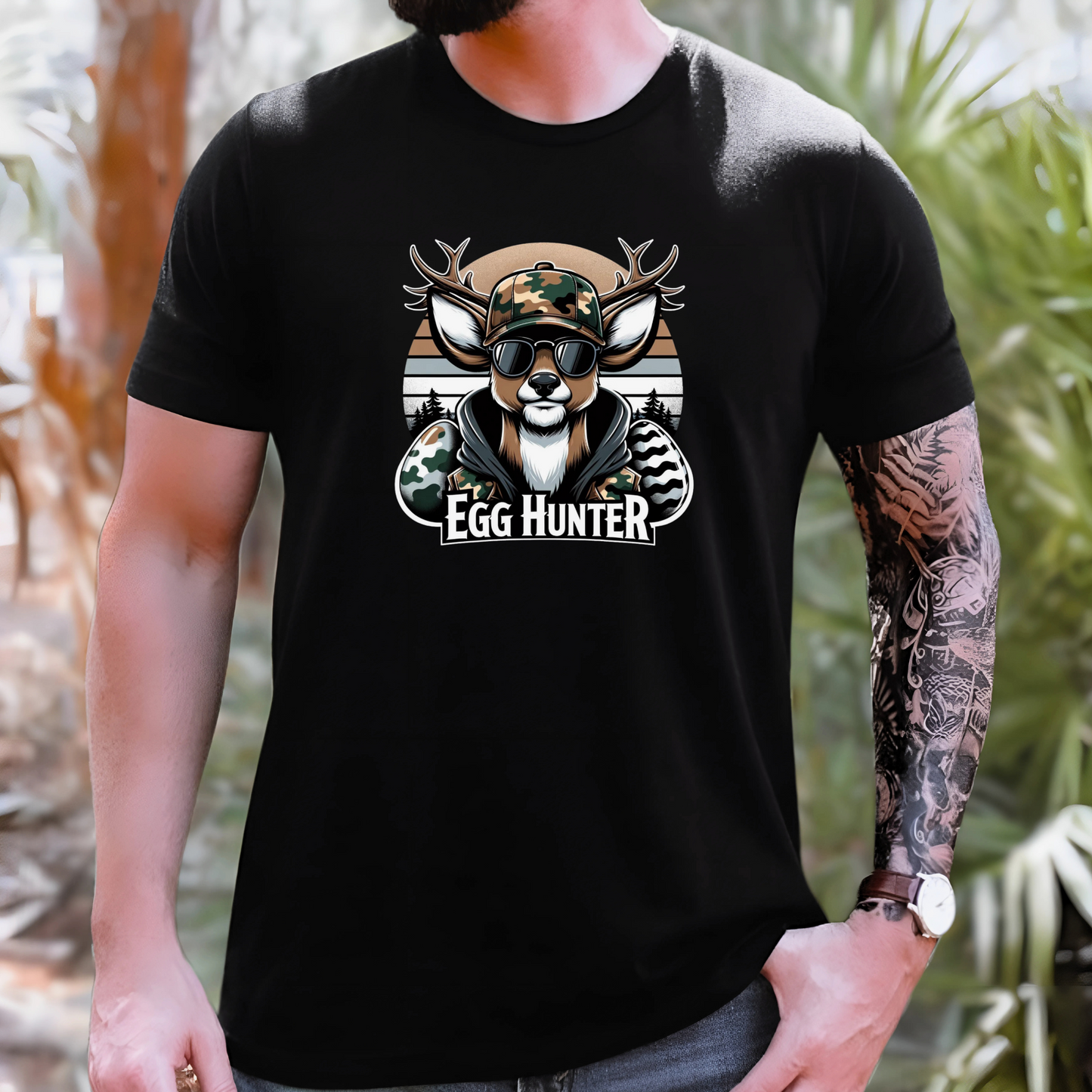 Black Egg-Hunter-Shirt with a cool camo deer and Easter egg graphic, perfect for hunters and Easter lovers alike.