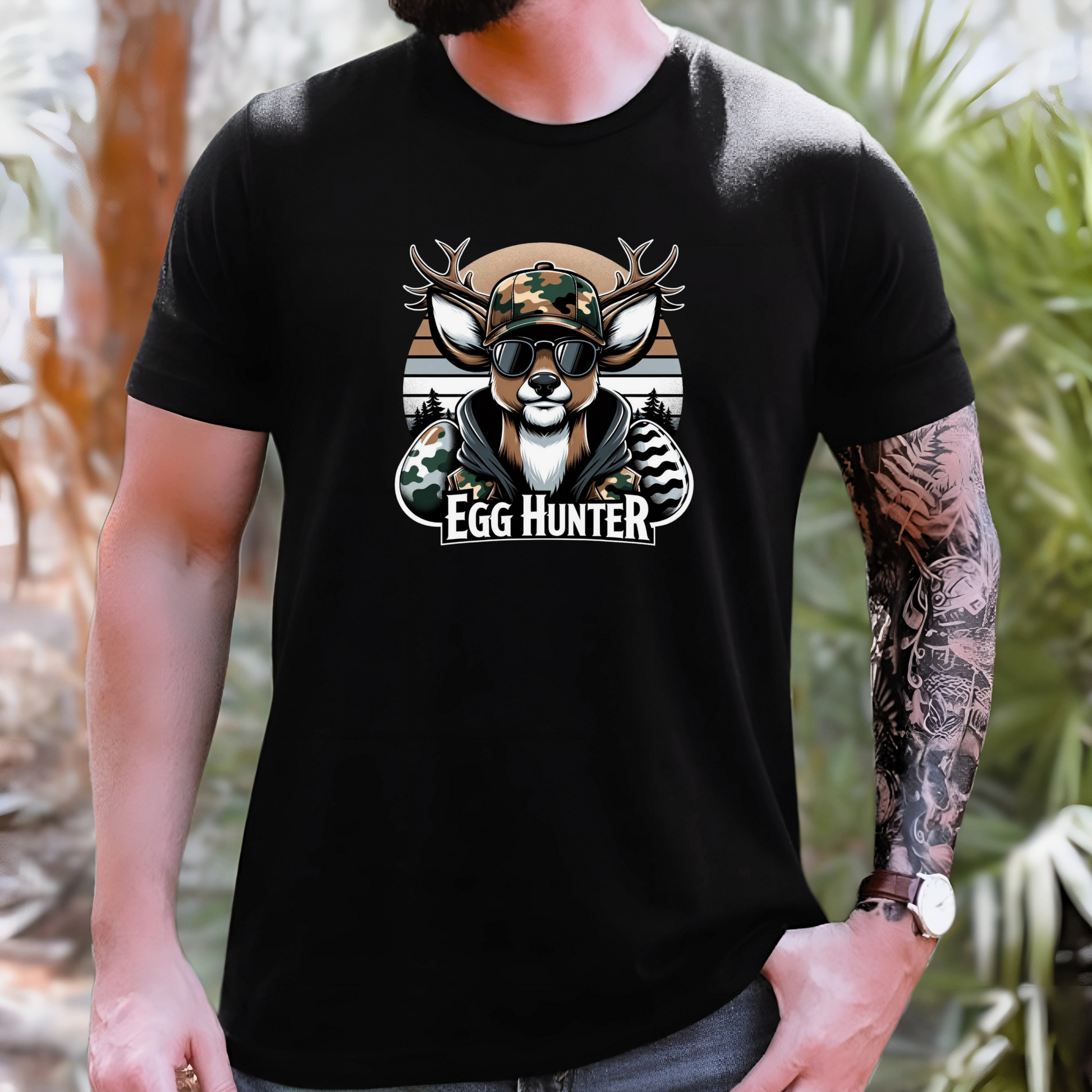 Black Egg-Hunter-Shirt with a cool camo deer and Easter egg graphic, perfect for hunters and Easter lovers alike.