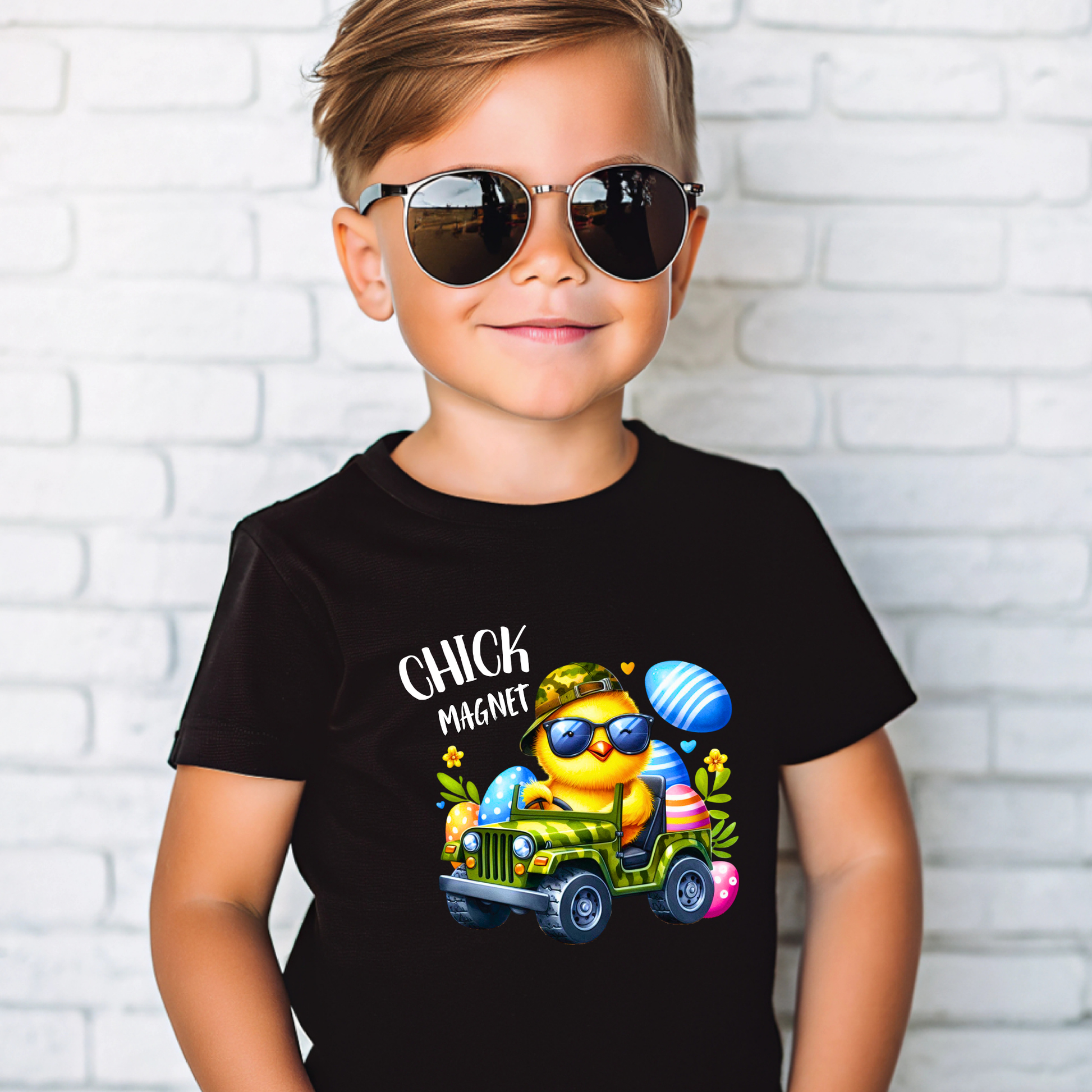 Funny "Chick Magnet" youth t-shirt featuring a cool chick driving a jeep with Easter eggs. Perfect Easter shirt for young boys