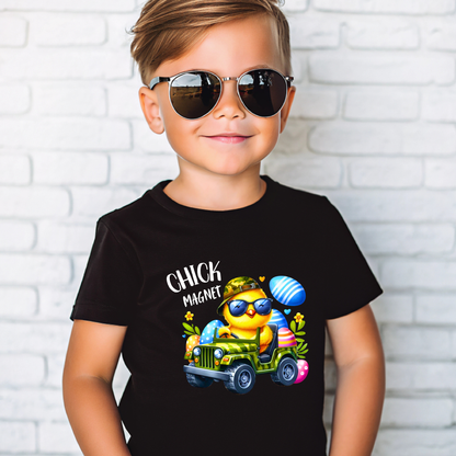 Funny "Chick Magnet" youth t-shirt featuring a cool chick driving a jeep with Easter eggs. Perfect Easter shirt for young boys