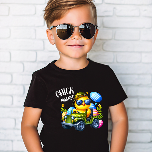 Funny "Chick Magnet" youth t-shirt featuring a cool chick driving a jeep with Easter eggs. Perfect Easter shirt for young boys