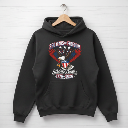 Black America 250 hoodie with an eagle and text design on a white wooden background