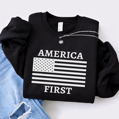 Black America First patriotic women’s unisex sweatshirt with white American flag graphic