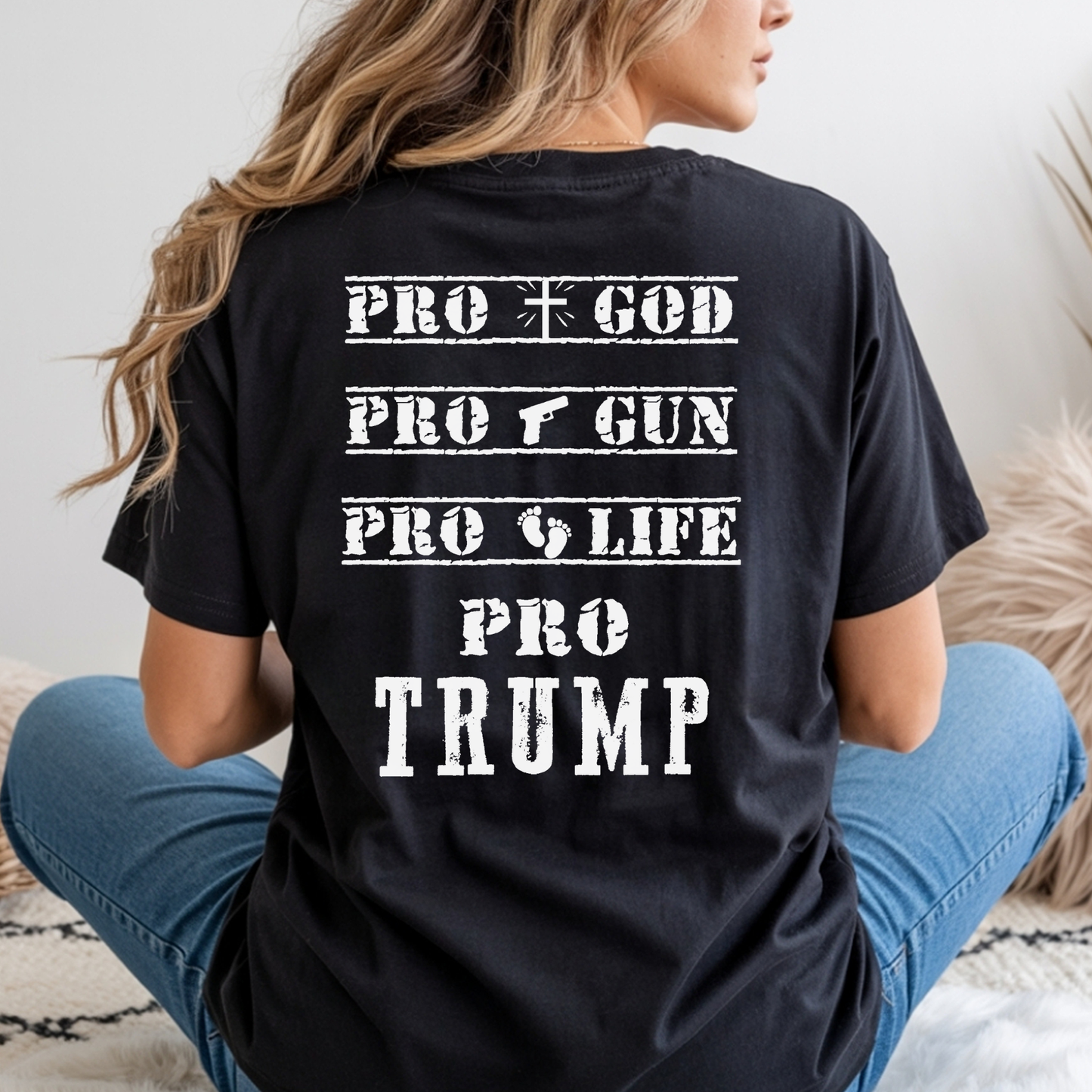 Back view of women’s pro god pro gun pro life pro trump t-shirt