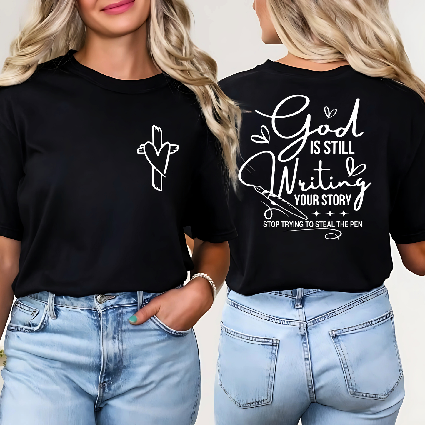 Black Christian tee with “Stop Trying to Steal the Pen” quote in white