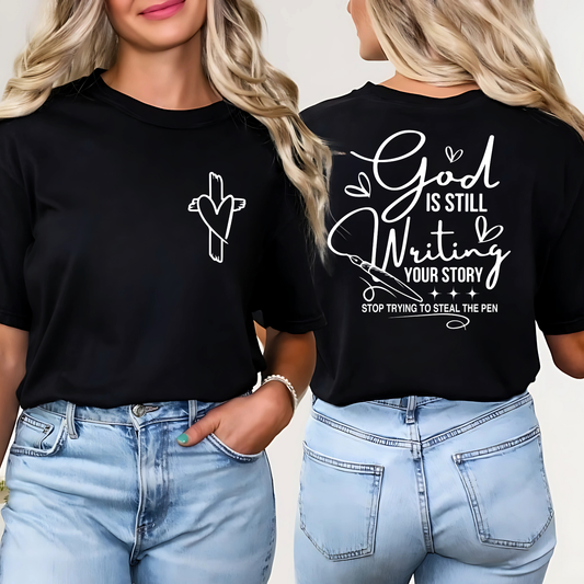 Black Christian tee with “Stop Trying to Steal the Pen” quote in white