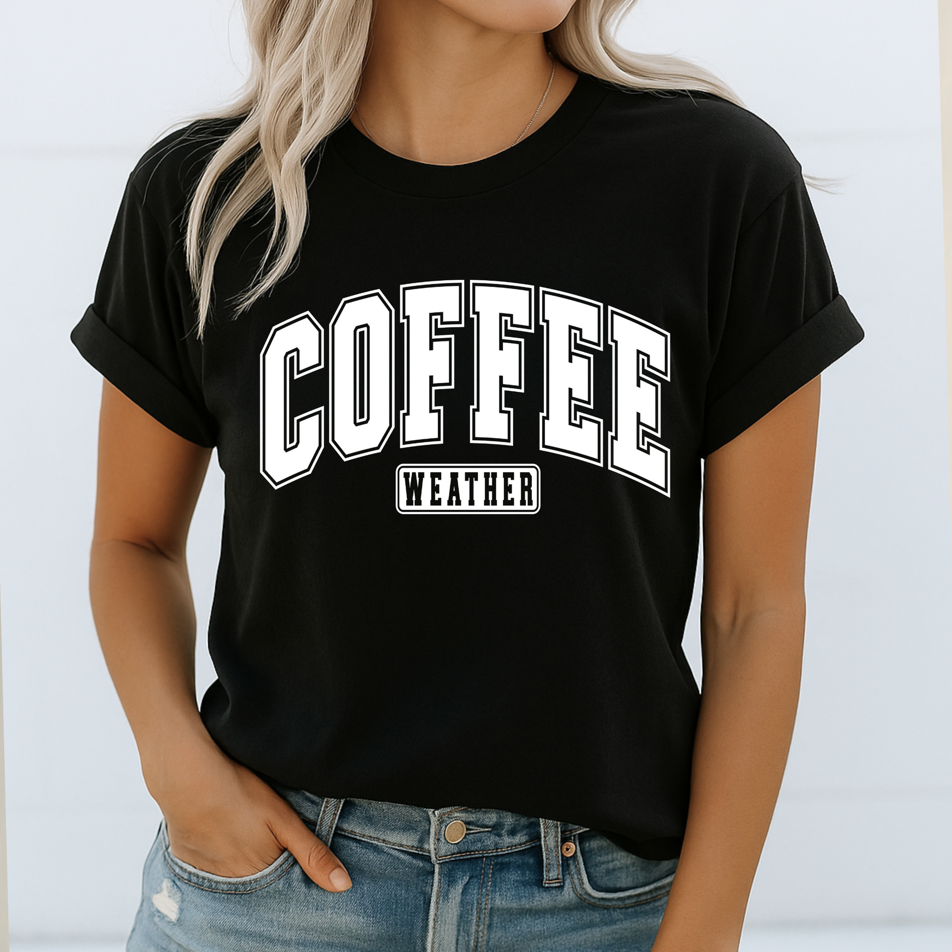Black "Coffee Weather" t-shirt styled with jeans for a casual outfit

