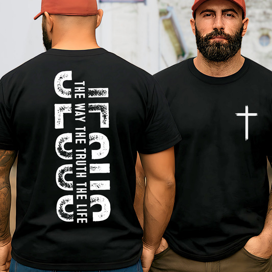 Black Christian T-shirt for men with cross on front and bold back JESUS lettering