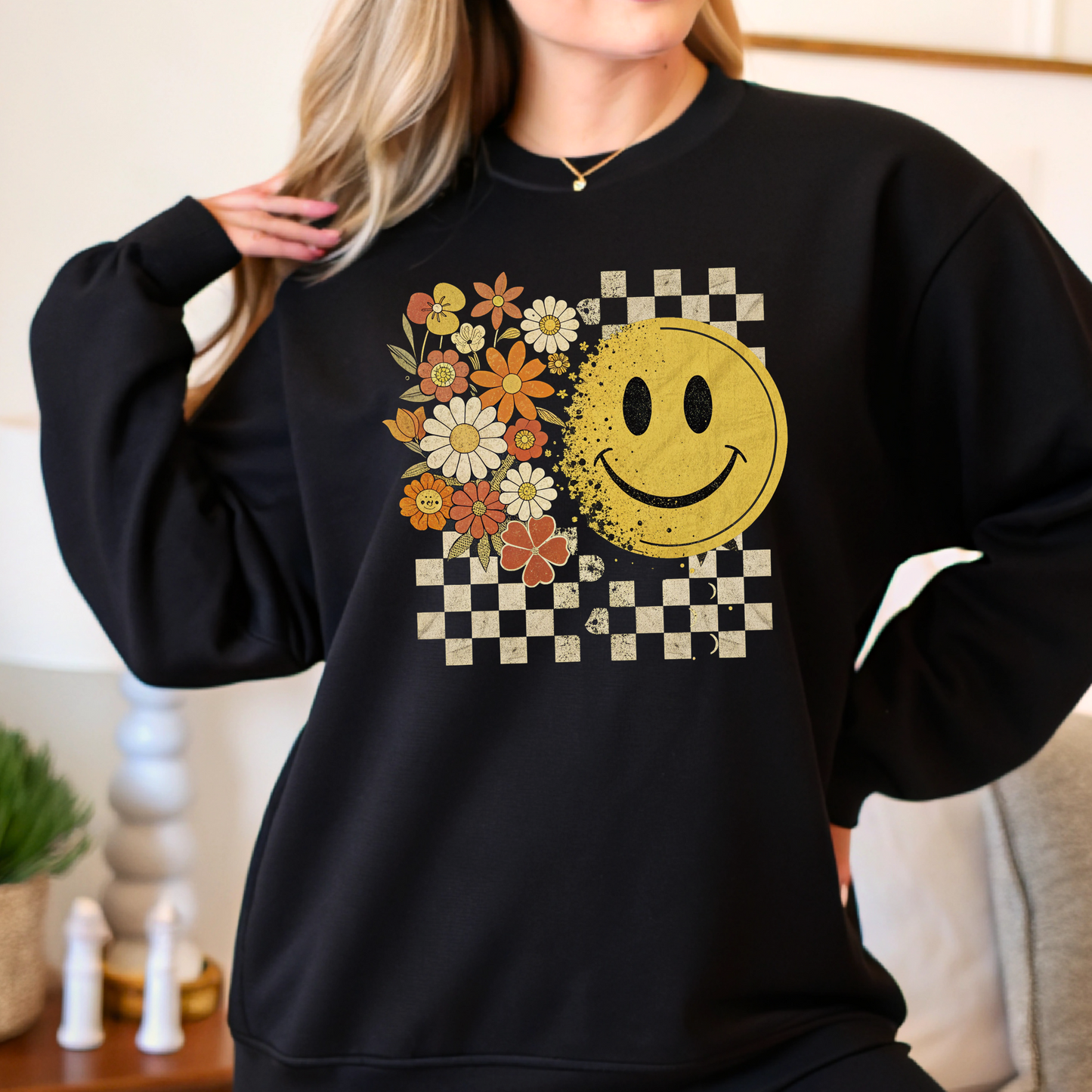 Retro Smiley Face Fall Sweatshirt – Checkerboard Floral Pullover